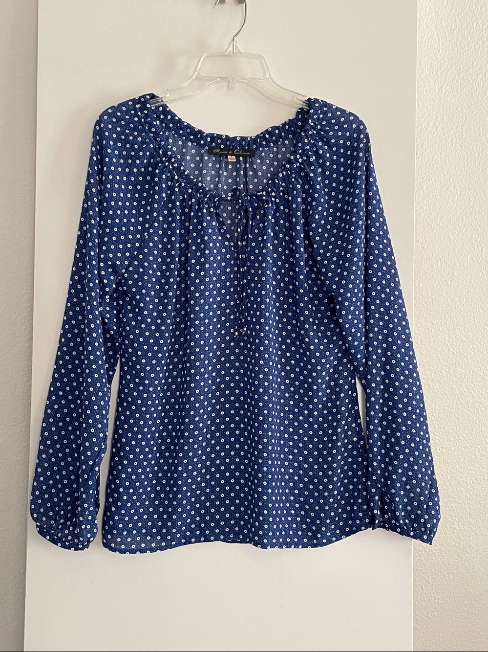 Blue Polka Dot Blouse Wide Neck Long Sleeve Lightweight Easy Care Top